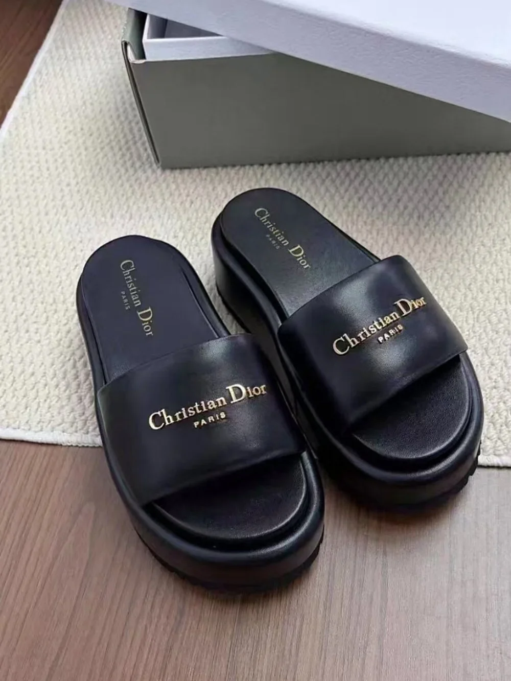 Christian Dior Black Calfskin Gold Logo Platform Slide Sandals